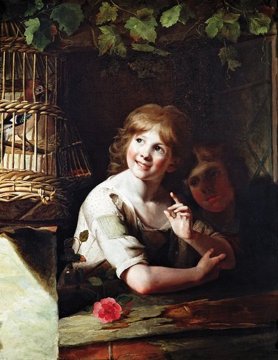 Twee Meisjes met een Vlaamse Gaai in een Kooi door Rev. Matthew William Peters